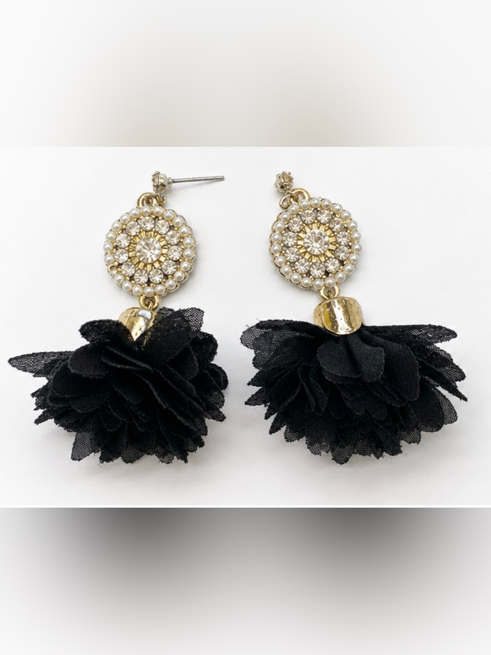 Gold and Black Crystal Pearl Tassel Drop Earrings